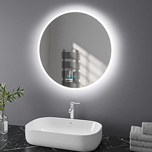 Espejo de baño con iluminación redondo LED espejo baño con interruptor táctil, sin vaho, espejo de baño regulable, iluminado, blanco frío, blanco cálido, 60 cm 24 pulgadas