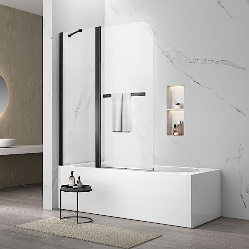 Sunrosa Pivot Matte Black Bathtub Door, 4858, Frameless Tempered Glass Bifold Shower Door With Towel Bar