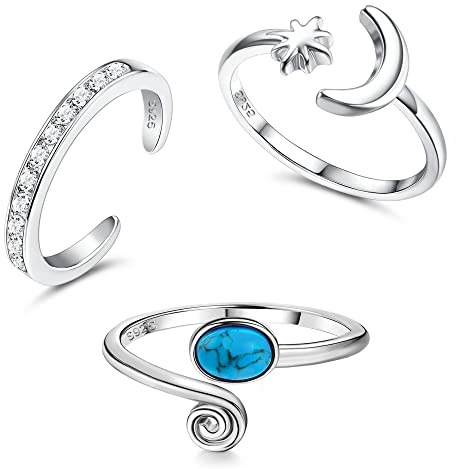 Sllaiss Sterling Silver Tåringar för Kvinnor Cubic Zirconia Turkos Tå Ringar Set 3 st Justerbara Öppen Tå Ringar Sommar Fot Smycken Stil B