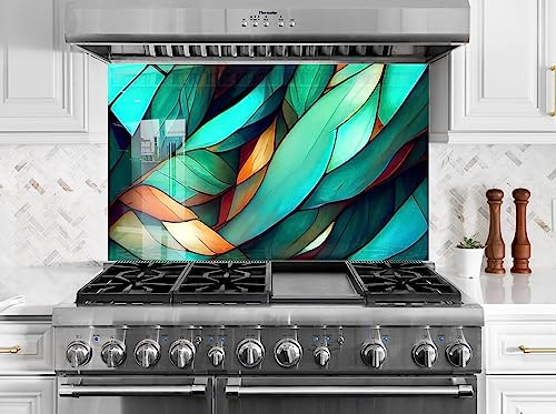 Myphotostation.com 25Wx18H''Green Stained Backsplash Tile Solid Tempered Glass Wall Protection Kitchen Backsplash Splashback for Kitchen Bathroom Backsplash Tile Stove