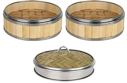 PAREKS Bamboo Steamer Baskets 1 Set 2 Tier Food Steamer with Lid Bun Dumpling Maker for Cooking Dim Sum Rice Meat Veggies