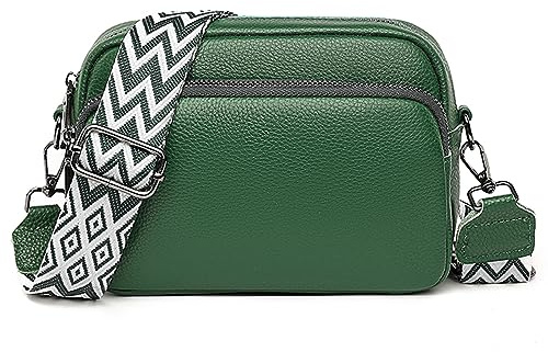 DXIOKO Crossbody Bag Damen Breiter Gurt, Echtes Leder Umhängetasche Damen Klein Schultertaschen, Mode Crossbag Damen Handytasche Zum Umhängen mit 3 Reißverschlussfächern, Grün