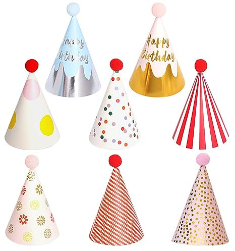 EQLEF Cappellini festa compleanno bambini, 8 Pz Compleanno Cono Cappelli con Poms Carta Buon Compleanno Cappello Festa di Compleanno Cono Cappelli Decorazioni per Natale Capodanno (3-8 anni)