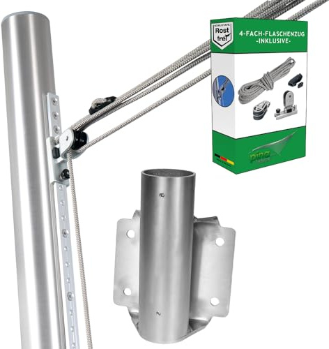Balkonhalter für Sonnensegelmast mit 150cm Gleitschiene, 4-Fach-Flaschenzug | Stangenhalterung für 2,5m V2A-Edelstahlmast Ø70mm, höhenverstellbar inkl. 4 Gewindestangen M12x150mm & Injektionsmörtel