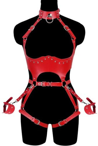 Women Punk PU Leather Body Waist Belt Bodysuit Bondage Body Harness Belt Sexy Lingerie Leg Garter Hollow Open Chest Bra BDSM (Color : Red, Size : One Size) 1