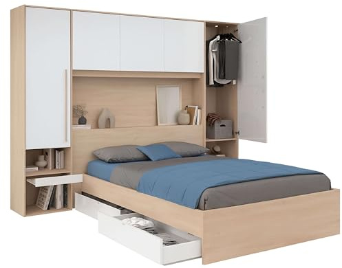 Miroytengo Pack Dormitorio Completo John Cama con cajones y Cabecero Puente Roble Brooklyn y Blanco Shiny (Cama de 135-140x190 cm)