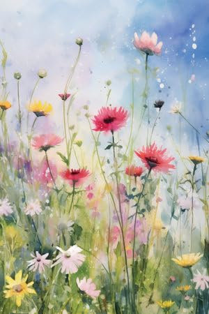 Holz-Bild 60 x 90 cm: Aquarellmalerei von Blumen auf der Wiese. Handgezeichnete Illustration. (212237900)