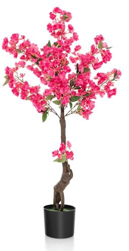 COSTWAY 105CM/3.4FT Artificial Plum Blossom Tree, Fake Floral Plant with 96 Flowers & Realistic Trunk, Indoor Faux Flower Tree in Plastic Nursery Pot for Home Office Front Porch Entryway (1)