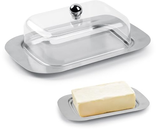 Niuoppy Mantequera con tapa, platos de mantequilla de acero inoxidable, tapa transparente para mantequillera, recipiente de mantequilla de plástico con asas, apto para lavavajillas (1)