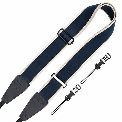 Padwa Lifestyle Adjustable Camera Strap with Quick Release Clip fits All Cameras - 2 Full Grain Leather Head,Exquisite Jacquard Embroidered Camera Straps for Photographers - Blue Stripe