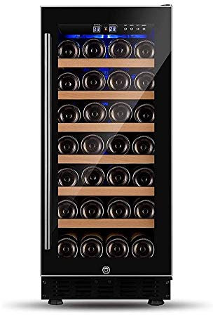 Refrigerador enfriador de vino de madera maciza de 6 capas - Refrigerador de vino con compresor sin escarcha incorporado o independiente para 33 botellas con control de temperatura de memoria digital