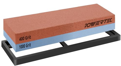 POWERTEC Pierre à aiguiser double face grain 400/1000 avec base en caoutchouc antidérapant (71915)