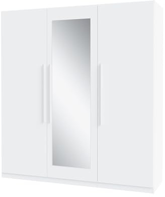 FORTE Helen Schrank 180, Kleiderschrank Weiß mit Spiegel, Modern Drehtürenschrank, 3-türig, Schlafzimmerschrank, Flurschrank, Holzwerkstoff, Weiß, 180,6 cm breit x 212,9 cm hoch x 59 cm tief