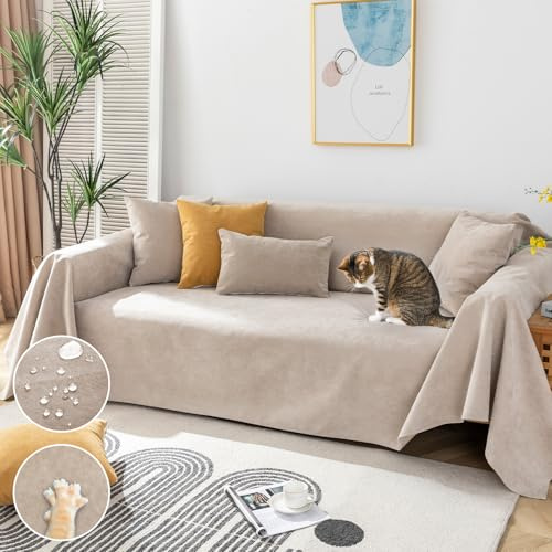 Royhom Kratzschutz Sofa Katze, Sofa Überzug Wasserdicht, Sofaschoner rutschfest, Chenille Couch Überzug Ecksofa, Sofabezug L Form, wasserdichte Decke, Couch Überwurf Khaki, 180x340 cm