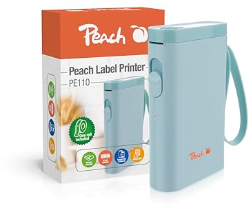 Peach Etikettendrucker blau, Etikettiergerät kabellos Label Printer PE110A | Beschriftungsgerät Bluetooth, Label maker, Android iOS App, Drucker mit 1 Etiketten Rolle selbstklebend, Labeldrucker tragbar