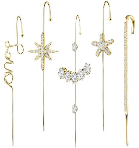 AccGin Trendy Pierced Ear Crawler Earrings for Women Gold & Silver Snowflake Rhinestone Helix Hook Set Fashionista Jewelry with Secure Ear Plug Fixer for Daily & Evening Outfits
