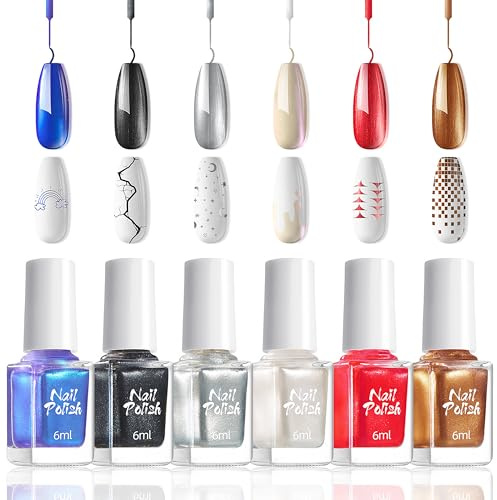 Liner Gel Nagellack Set - 6 Farben mit Perleffekt Rot Blau Weiß für Nageldesign, Schnell Trocknend, Kein UV/LED Licht Erforderlich, Dünner Pinsel für French Tips DIY Nail Art Maniküre, 6ml (Bunt C)