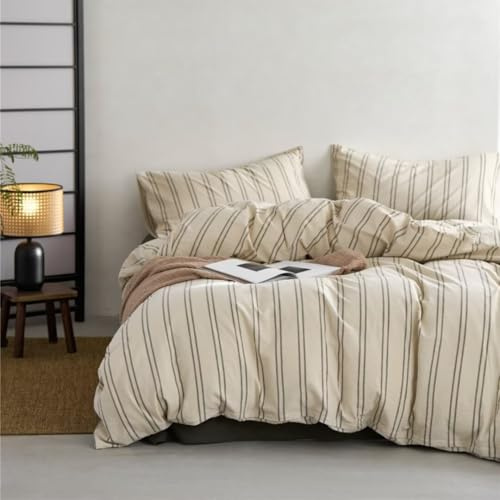 Ruccit Beige Duvet Cover Sets King Size Green Striped 100% Washed Cotton Cream Duvet Cover Double Kids Teens Adult Modern 3pcs Quilt Cover Farmhouse Bedding Set with Zipper Closure