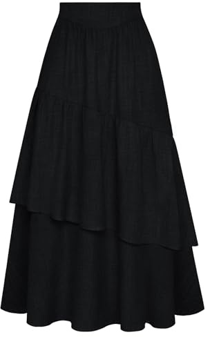Belle Poque Langer Rock Damen Lässige A-Linie Boho Röcke Mehrschichtiger Stufenrock mit Taschen Schwarz S
