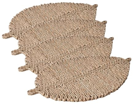 Set of 4 Handwoven Placemat Leaf Shape - Natural Rattan Heat Resistant Table Mats Boho Chic Wicker Placemats for Dining Kitchen Wedding Farmhouse Party Decor (S:9.5x6.5”)