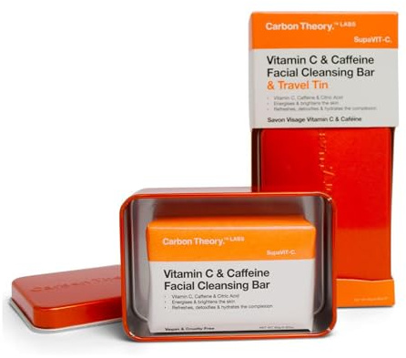 Carbon Theory Vitamin C Face Bar 80g with Travel Tin | Skin Energising Soap Bar with Caffeine that Refreshes, Hydrates and Helps Reduce Hyperpigmentation on Tired Skin.