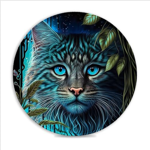 Tapis Souris Jeu Chat aux Yeux Bleus dans la Jungle (11 8 Pouces) Tapis Souris Rond Jeu Tapis Souris en Tissu SU Bords Cousus Tapis Souris Compatible avec Les Souris Laser et optiques