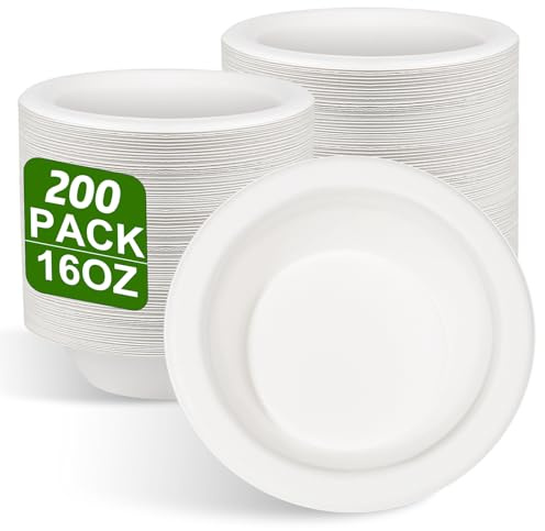 200 Stück Pappschalen Einweggeschirr 470ML Weiß Einwegschale Suppenteller | Zuckerrohr Einweggeschirr Schalen Einmal Einwegsuppenschale Bio Suppenschüssel Rund Weiß Kompostierbares