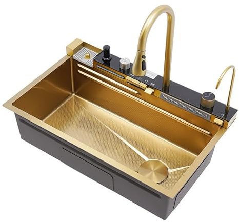 Diskbänk I Guld Nano Rostfritt Stål 75 x 46 cm, Inbyggd 1-Handfatsmodell Med Display, Utdragbar Kran Och Kopprengörare För Kök