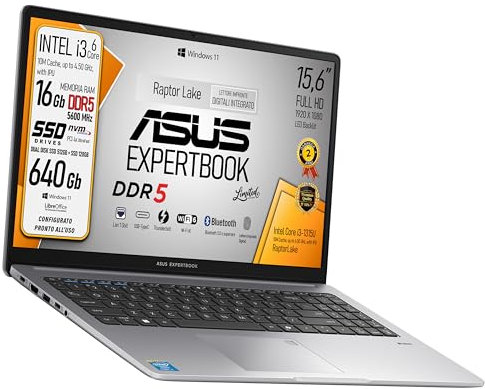 ASUS Expertbook, PC Portatile, cpu Intel Core i3 1315U 13Th 6Core, Ram DDR5 4Gb, SSD pci Nvme 640Gb, 512Gb+128Gb Display 15,6 Led FHD, Wi-Fi 6, 4 USB, BT, lan, Win11, fingerprint, pronto all'uso