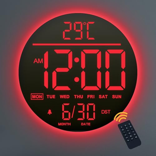 Mee 2ou Horloge Murale Numérique 10 avec Veilleuse, Alarme, Télécommande, 11 Couleurs RGB, Luminosité Auto, Température, Date et Jour, Horloge Murale LED Électrique Moderne pour Chambre et Salon