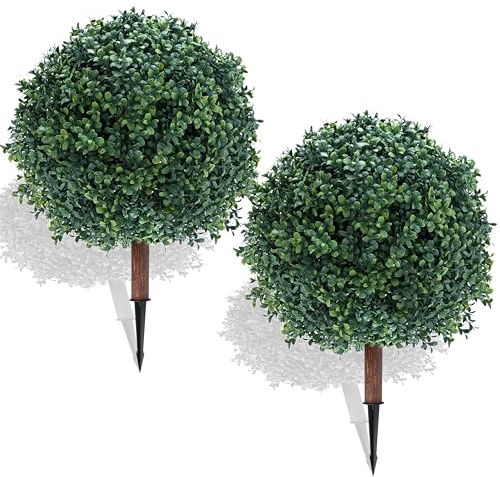 27.5 Artificial Boxwood Topiary Ball Tree with Ground Spike, Set of 2 Artificial Cedar Bushes, UV Resistant Faux Boxwoods Outdoor Plants Artificial for Porch Garden Front Porch Decor