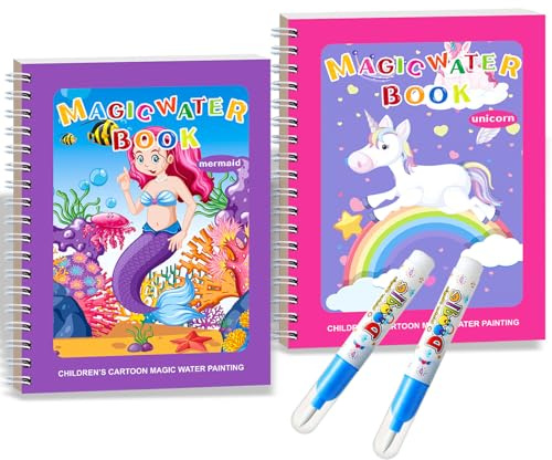 Barlone 2 Stück Wassermalbuch, Wasser Malbuch mit 2 Wasserstift, Wiederverwendbar Magic Water Book, Magic Water Colouring Book, Wasserstift Malbuch für Kinder