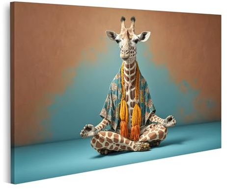 islandburner Bild auf Leinwand Giraffe Meditiert In Bunter Kleidung Auf Blauer Und Brauner Kulisse Bilder Wandbilder Poster