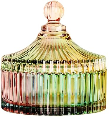 Falytemow Glass Crystal Candy Dish, Creative European-Style Iridescent Fruit Bowl with Lid for Tabletop Decoration, Dessert Snack Plate for Home, Office, Wedding Decor (Vertical Stripes, 1pcs)