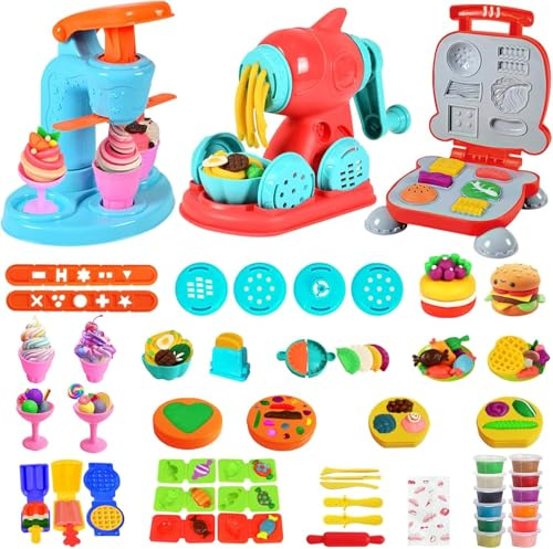 Neuytiky Kit di 51 Strumenti per Impasto,Accessori per Pasta Modellabile Kit Giochi Cucina con Macchina per Noodles Gelato e Hamburger Gioco per Bambine e Anni, Regalo per Bambini