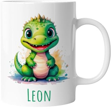 Kindertasse mit Namen | Frecher kleiner Dino, Dinosaurier | Personalisierte Keramik Tasse mit Tieren | für Kinder, Jungen & Mädchen – Geschenk, Geburtstagsgeschenk, Namensgeschenke, Kaffeetasse