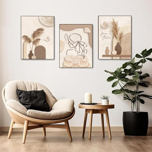 Xiyocadt 3-teiliges Poster Set Moderne Poster Set, Beige Pastell Bilder,mit Pampasgras, Blüte, für Schlafzimmer, Wohnzimmer, Wanddeko, Abstrakte, Kunst, ohne Bilderrahmen (30x40cm,Beige)