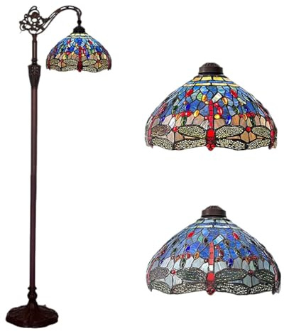 Dualbao Lampada da Pavimento in Vetro colorato Blu da 14 Pollici con Libellula Rossa,Vittoriano con Collo D'Oca arcuato e Angolo Regolabile, Lampada Antica da Lettura per Angolo del Divano, Soggiorno