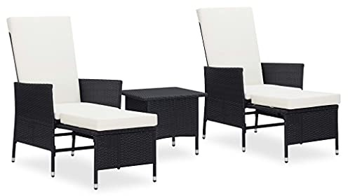 QJBSAVVA 3-TLG. Garten-Lounge-Set Schwarz Poly-Rattan 63x130x102 cm cremeweiße Kissen klappbare Rückenlehne Robustes Outdoor-Möbelset für Balkon Terrasse und kleinen Garten