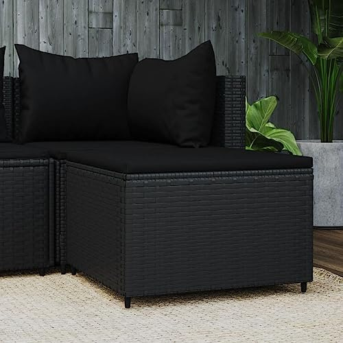 Frdhee Gartenhocker, Garten Fußhocker, Fußhocker, Terrassenhocker, Balkonhocker, Gartenhocker mit Kissen Schwarz Poly Rattan Für Balkon, Terrasse, Camping, Stabil