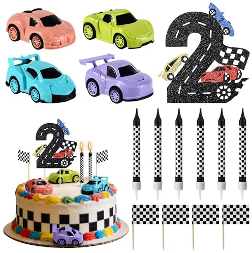 Nobgum 2nd Race Car Cake Topper, 15 PCS Race Cars Birthday Decoration, Checkered Falg Birthday Candles for Racing Car Theme Party Decoration (Number 2)