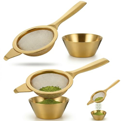 VVPENA Matcha Sieb mit Tasse, 2 Sets Kleines Sieb Edelstahl, Feinmaschige Siebe 7 Cm Mini Haushaltssieb Küchensieb mit Griff und Boden