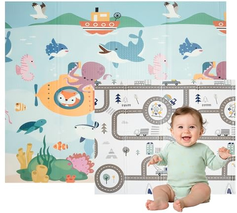 Nomady Kids - Alfombra de juego Plegable, Acolchada y Reversible (200x180cm) - Colchoneta para Bebes y Niños (Mar y Ciudad)