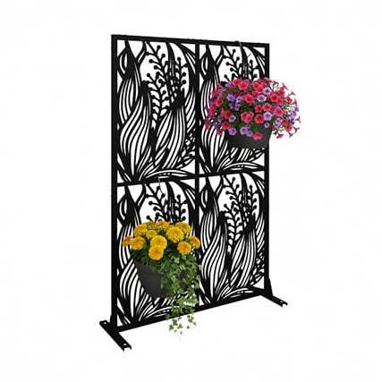 Relaxdays Sichtschutz, Blätter & Gräser, Garten, Balkon & Terrasse, Outdoor Paravant, HxB: 183 x 115 cm, Metall, schwarz