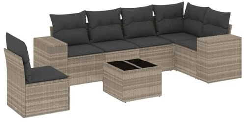 Foknhdi 7-TLG. Poly-Rattan Gartenmöbel-Set Hellgrau mit Glas-Tisch 480×93 cm Modular Robust & Modern für Balkon Terrasse Garten Lounge Sitzecke