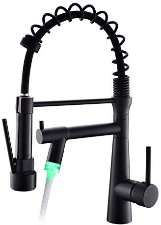 TIMACO Rubinetto con LED da cucina, colore nero, orientabile a 360° con molla a spirale, doccetta estensibile, ad alta pressione, per cucina e lavelli