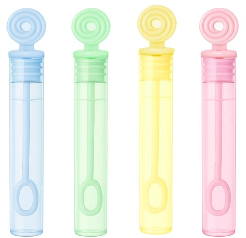 GIFTEXPRESS Bubble Wands Party Favors - 32 Pack Mini 4.25 Tall Assorted Color Swirl Flower Bubble Sticks - 0.2 Fl Oz / 5 mL Tube of Non Toxic Bubbles Solution for Kids