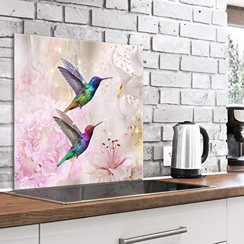 murando Glass Splashback for Kitchen Backsplash Cooker Protector | Tempered Glass Decorative Wall Art Panel Heat Resistant Graphic 60x60 cm / 24x24 Kolibri Flowers Birds Peony Lilly