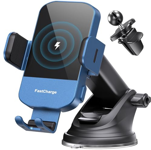 CHGeek Wireless Car Charger, 15W Fast Charging Auto Clamping Car Charger Phone Mount Phone Holder fit for iPhone 15 14 13 12 11 Pro Max Xs, Samsung Galaxy S24 Ultra S23 S22 S21, S20, S10+, Blue