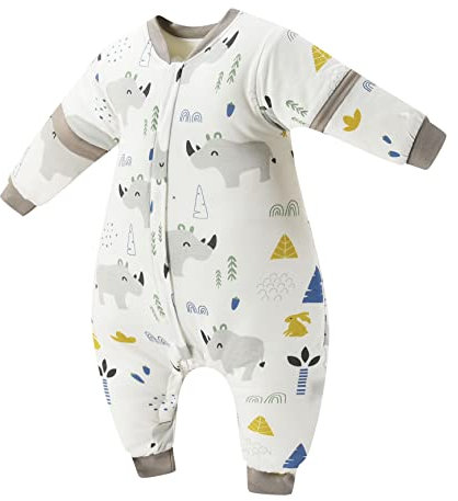 Chilsuessy Baby Ganzjahres Schlafsack mit Füßen, abnehmbar Langarm, Kinder Winter Schlafsack mit Beinen, kleinkind Schlafsäcke, Süßes Nashorn/3.5 Tog, 80cm/Baby Höhe 90-100cm